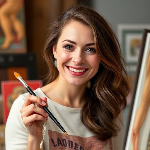 Portrait d'Isabelle Duval, instructrice d'art à l'Académie Étoile, souriant avec un pinceau à la main.
