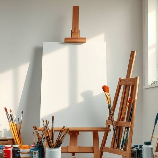 Un atelier d'art avec des pinceaux, des peintures et une toile inachevée, représentant les cours d'art de l'Académie Étoile.