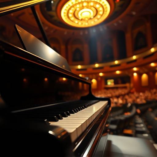 Un gros plan d'un piano à queue dans une salle de concert illuminée, symbolisant l'élégance et la passion de la musique.