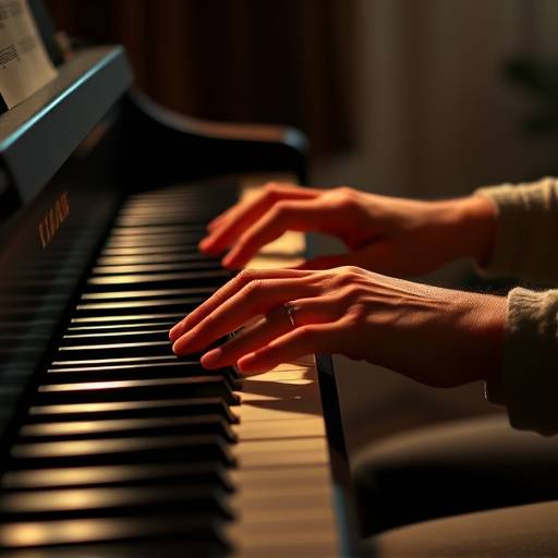 Un gros plan des mains jouant du piano, symbolisant les cours de musique.