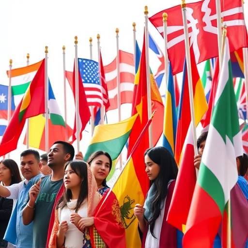 Un groupe de personnes multiculturelles se tenant côte à côte avec différents drapeaux nationaux flottant au-dessus d'eux, représentant la diversité linguistique et l'apprentissage des langues.