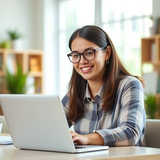 Un étudiant souriant travaillant sur un ordinateur portable dans un environnement d'étude moderne et lumineux, représentant l'apprentissage en ligne.