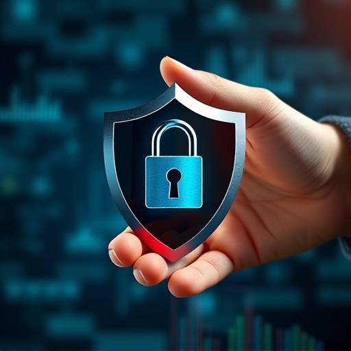 Une main tenant un bouclier avec un cadenas, symbolisant la protection des données et la confidentialité.